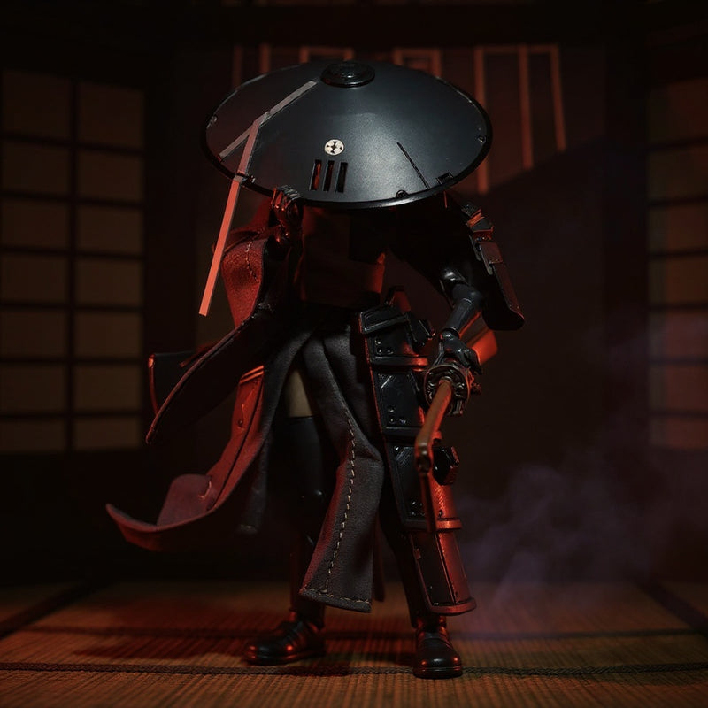 Dark textured fabric cloak with wire-shaped folds draped over a 1/12 scale samurai action figure in a foggy dojo setting, holding a katana, dramatic lighting.