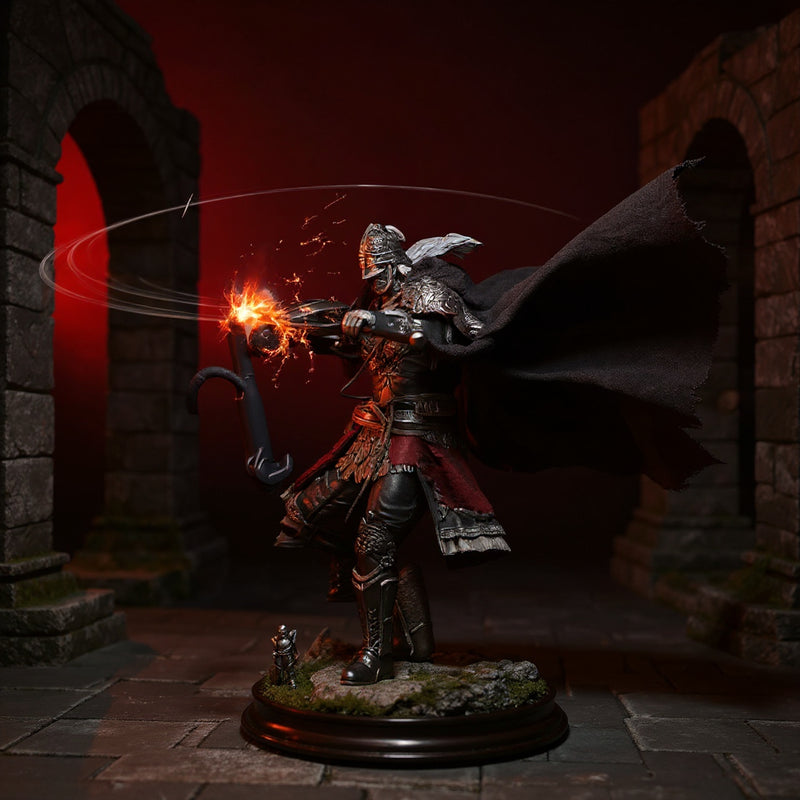 Dark brownish-gray weathered cloth cape on action figure torso in fantasy stone ruins with dramatic lighting