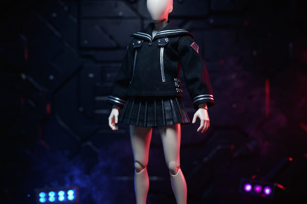 Black and blue fabric sailor jacket and pleated skirt on a featureless 1/12 action figure body, with miniature LED panels and toy blade, against a vibrant blue-to-magenta gradient.