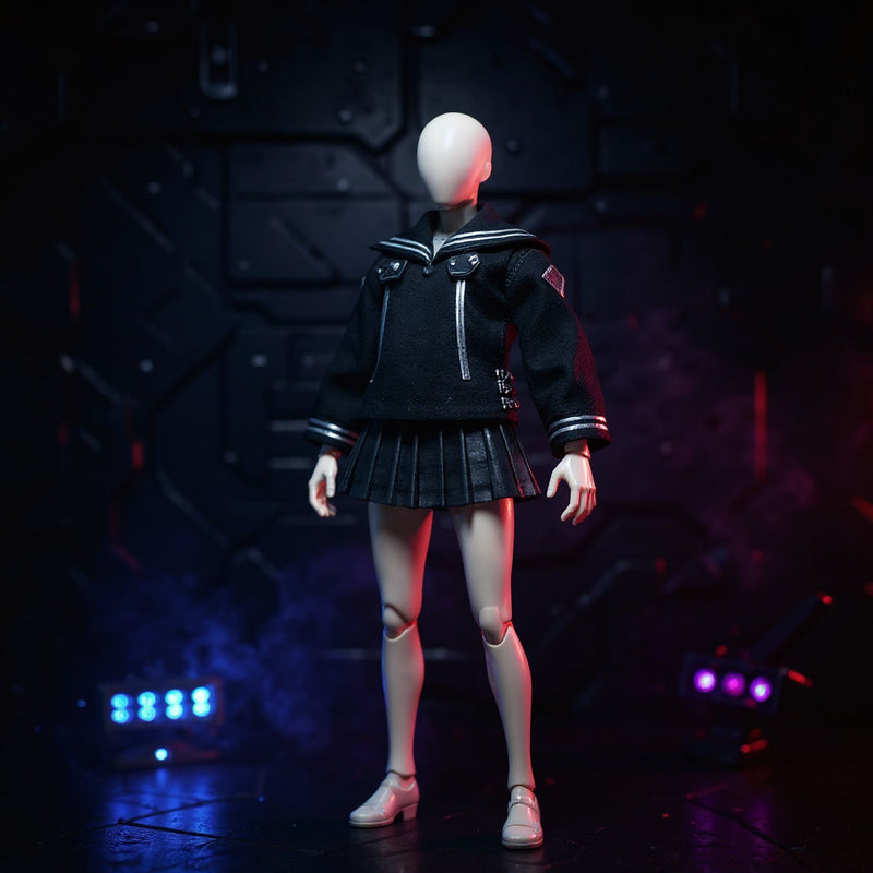 Black and blue fabric sailor jacket and pleated skirt on a featureless 1/12 action figure body, with miniature LED panels and toy blade, against a vibrant blue-to-magenta gradient.