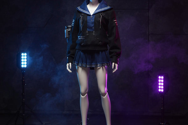 Black and blue fabric outfit with sailor-style jacket and pleated skirt displayed on a headless mannequin, surrounded by blue LED panels and a toy blade, against a dark concrete backdrop with fog.
