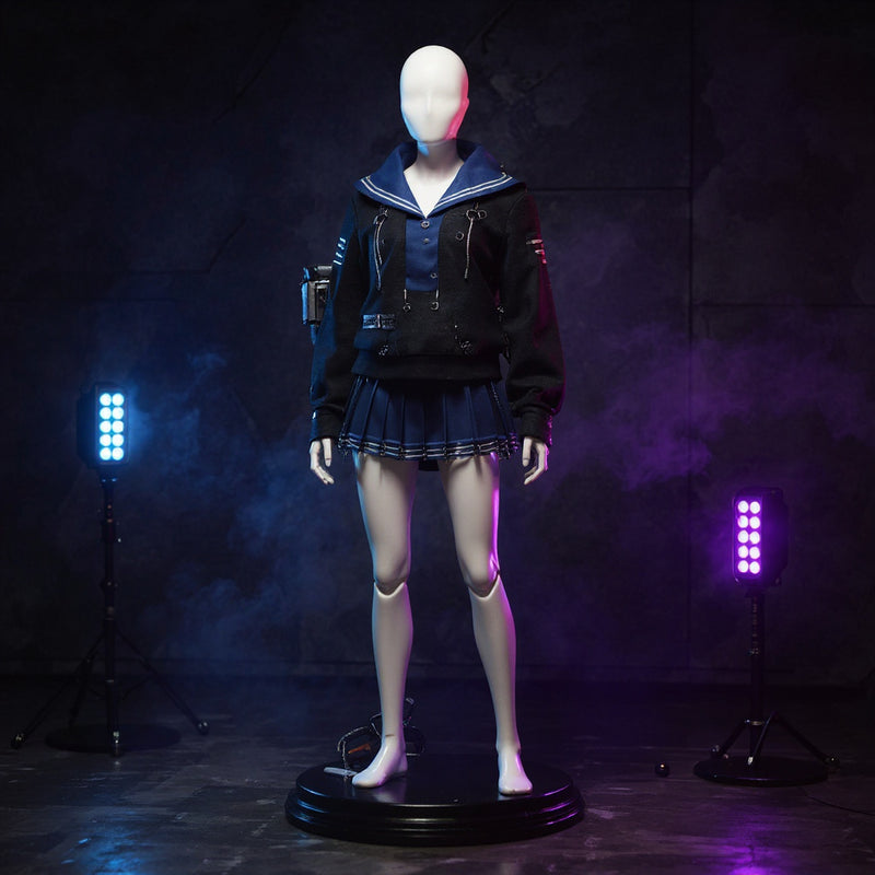 Black and blue fabric outfit with sailor-style jacket and pleated skirt displayed on a headless mannequin, surrounded by blue LED panels and a toy blade, against a dark concrete backdrop with fog.