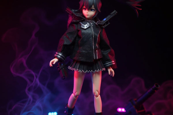 Hero shot of a black and blue sailor-inspired doll outfit on a figure, with sci-fi lighting and fog effects.