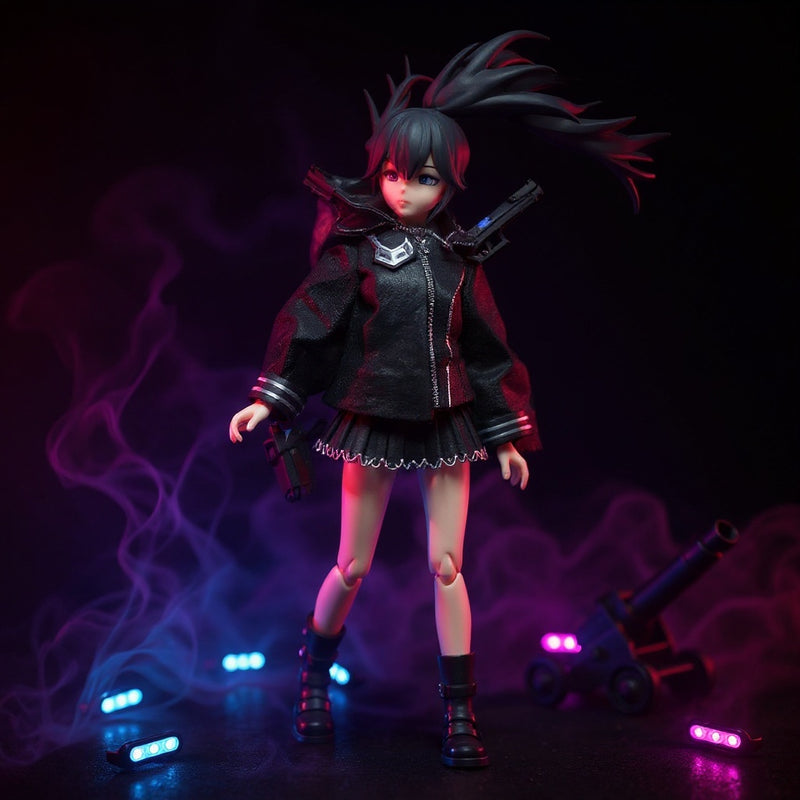 Hero shot of a black and blue sailor-inspired doll outfit on a figure, with sci-fi lighting and fog effects.