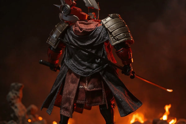 A flowing samurai cape in dark muted tones draped over a 1/12 scale action figure, with dramatic lighting and a Japanese diorama backdrop.