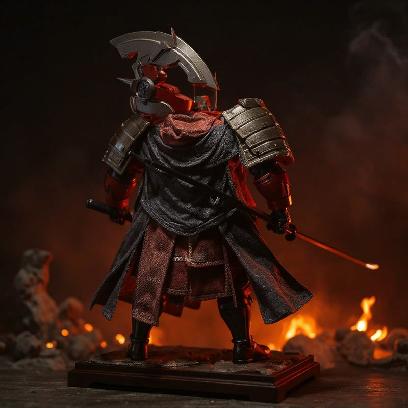 A flowing samurai cape in dark muted tones draped over a 1/12 scale action figure, with dramatic lighting and a Japanese diorama backdrop.