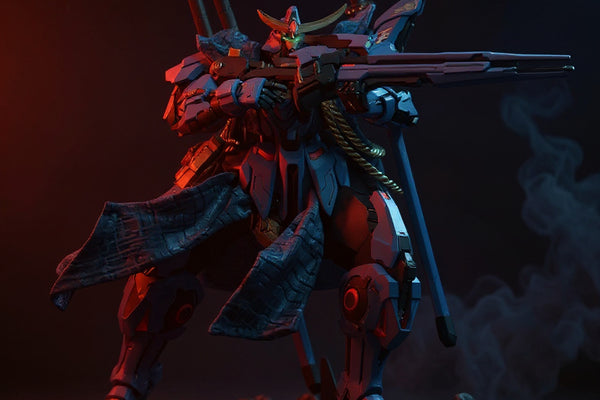 Action figure with wire-frame cape upgrade in dark fantasy diorama with moody red and blue lighting.