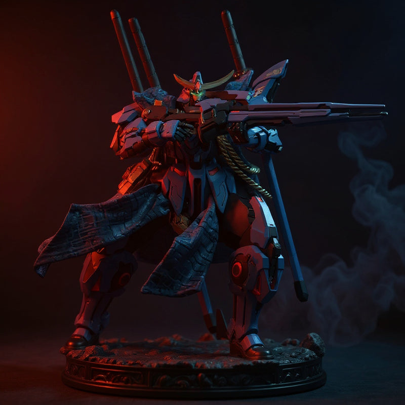 Action figure with wire-frame cape upgrade in dark fantasy diorama with moody red and blue lighting.