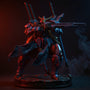 Action figure with wire-frame cape upgrade in dark fantasy diorama with moody red and blue lighting.