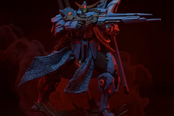 Dynamic action figure wearing a wire-framed cape on a dark fantasy diorama base with rocks and mist.