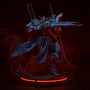 Dynamic action figure wearing a wire-framed cape on a dark fantasy diorama base with rocks and mist.