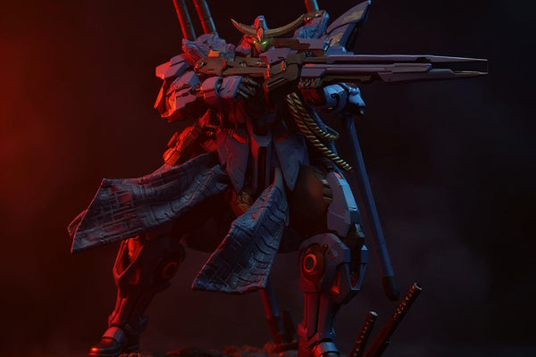 Progenitor Effect figure cloak on an 8-inch armored action figure, posed on a dark fantasy diorama with rocks and mist, wind-caught cape, LED red and blue rim lighting, samurai sword and katana stand, smoke effect, high contrast.