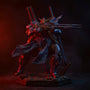 Progenitor Effect figure cloak on an 8-inch armored action figure, posed on a dark fantasy diorama with rocks and mist, wind-caught cape, LED red and blue rim lighting, samurai sword and katana stand, smoke effect, high contrast.