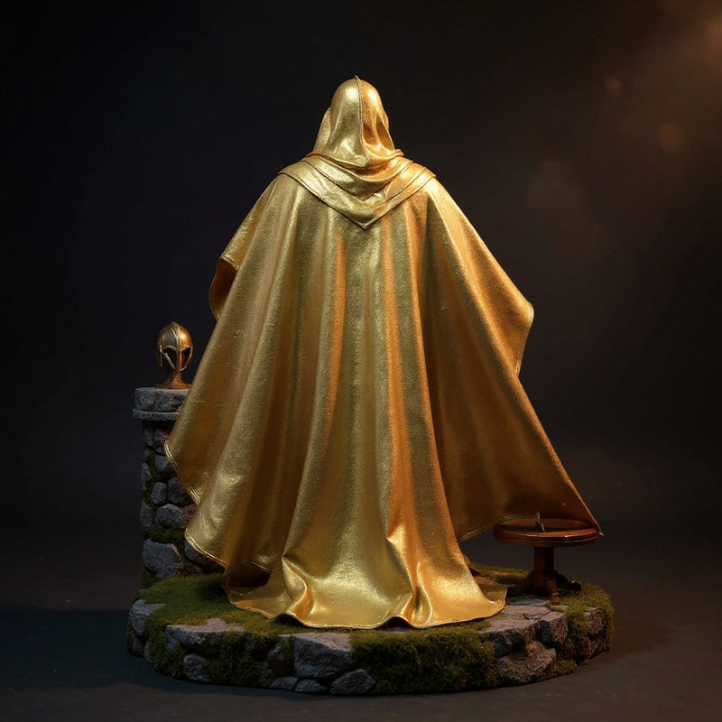 Golden wire-edged cape draped over invisible form on fantasy stone castle diorama with helmet and sword, dramatic blue-gold gradient background.