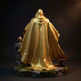 Golden wire-edged cape draped over invisible form on fantasy stone castle diorama with helmet and sword, dramatic blue-gold gradient background.