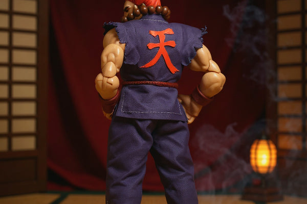 Tattered dark red and grey karate gi outfit on a 1/12 action figure in a moody dojo scene with tatami, lantern, and smoke effects.