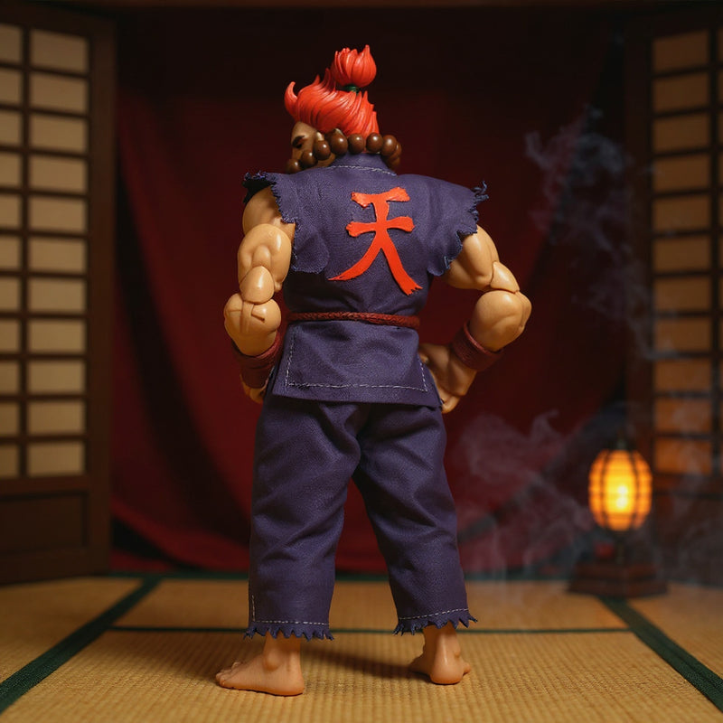 Tattered dark red and grey karate gi outfit on a 1/12 action figure in a moody dojo scene with tatami, lantern, and smoke effects.