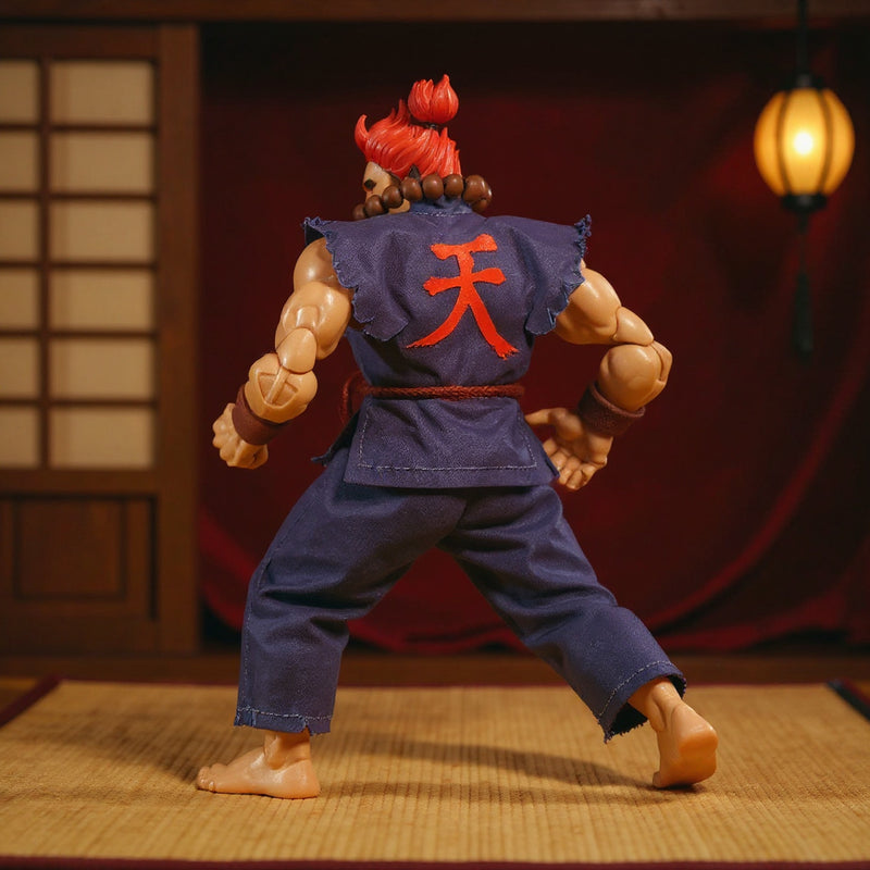 Tattered dark red and grey karate gi on a small action figure in mid-kick under moody dojo lighting with tatami and lantern.