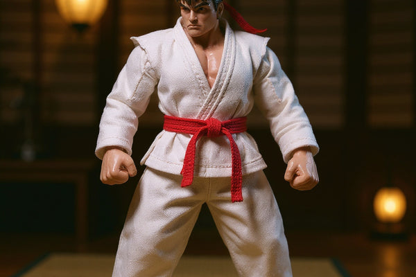 White karate gi with red belt in fighting stance on dojo backdrop with lantern and training mat.