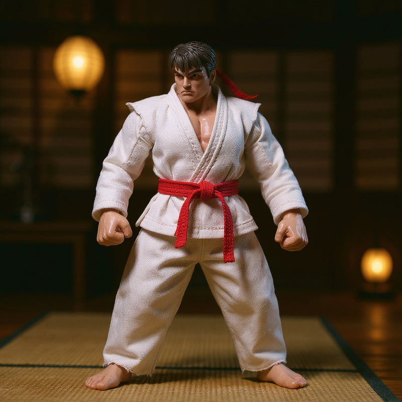 White karate gi with red belt in fighting stance on dojo backdrop with lantern and training mat.