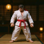 White karate gi with red belt in fighting stance on dojo backdrop with lantern and training mat.