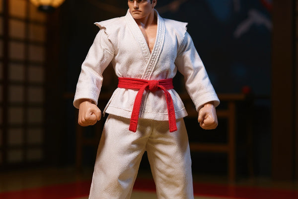White karate gi cloth outfit with red belt wired in fighting stance displayed on dojo backdrop with wooden floor, training mat, and paper lantern.