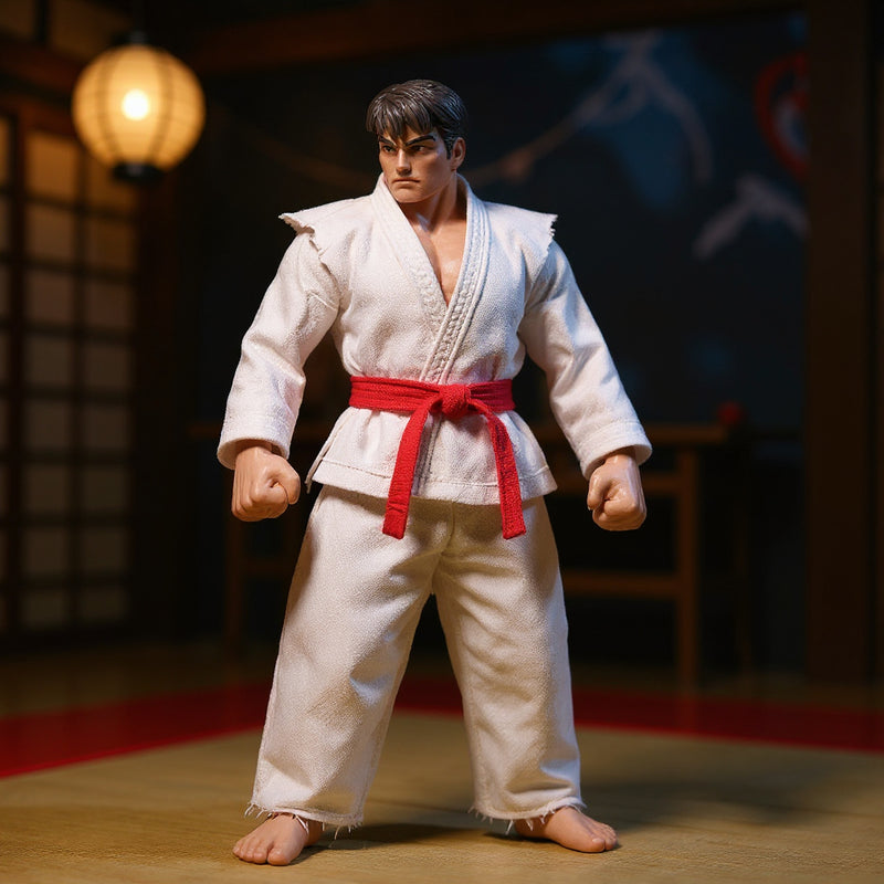 White karate gi cloth outfit with red belt wired in fighting stance displayed on dojo backdrop with wooden floor, training mat, and paper lantern.
