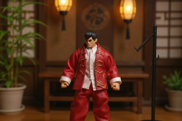 Red silk martial arts outfit on action figure in dojo scene