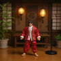 Red silk martial arts outfit on action figure in dojo scene