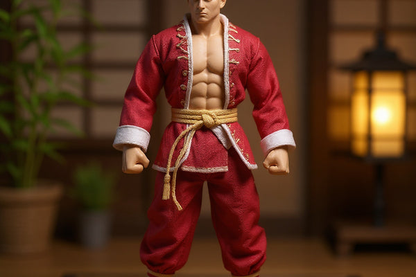 Miniature red silk martial arts outfit with gold trim on a 1/12 scale action figure in a dojo setting with bamboo and lantern.