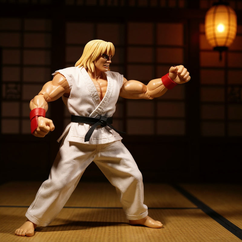 White 1/12 scale karate gi with red trim and cloth sash on headless figure mannequin in dojo with wooden floor, shoji screen, and dramatic red-black lighting.