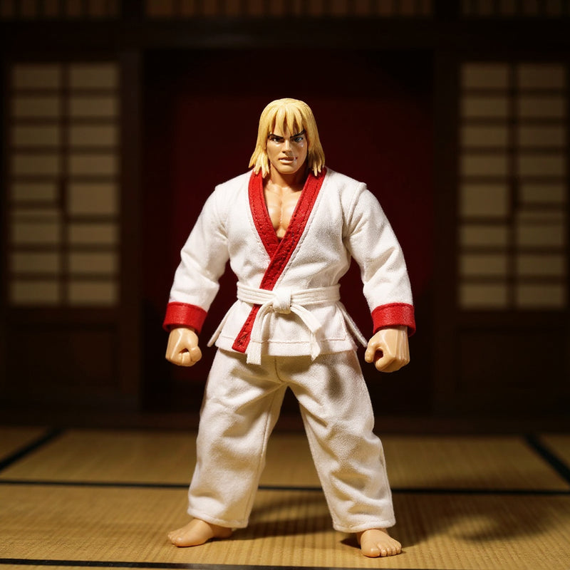 White karate gi with red trim on headless action figure in a dojo with dramatic lighting