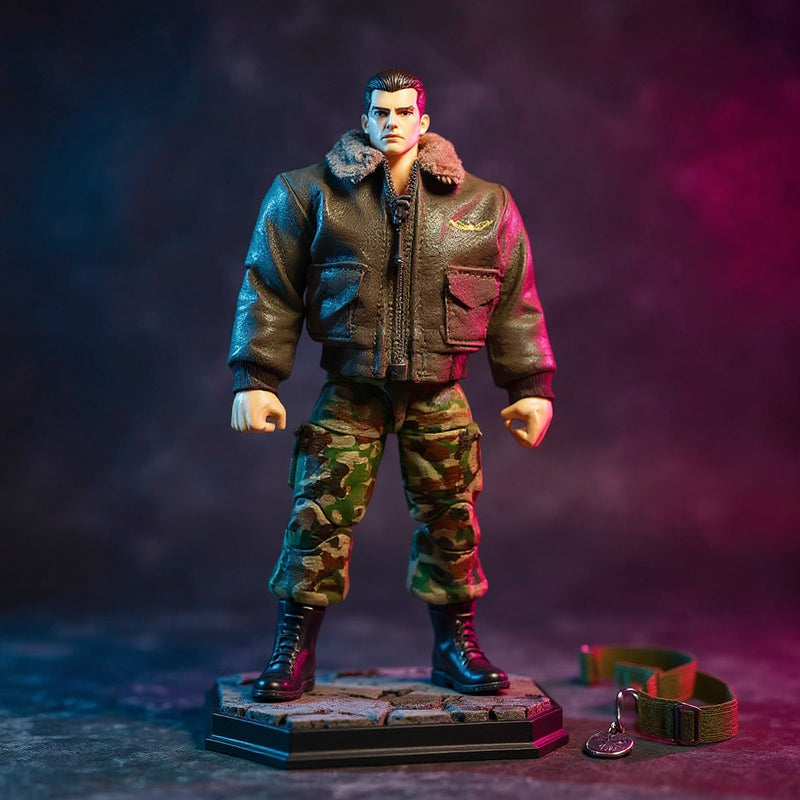 1/12 scale military khaki and olive green fabric uniform on invisible mannequin, with miniature dog tags and tactical belt on battle-damaged pavement, against bold blue-to-magenta gradient background.