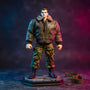 1/12 scale military khaki and olive green fabric uniform on invisible mannequin, with miniature dog tags and tactical belt on battle-damaged pavement, against bold blue-to-magenta gradient background.
