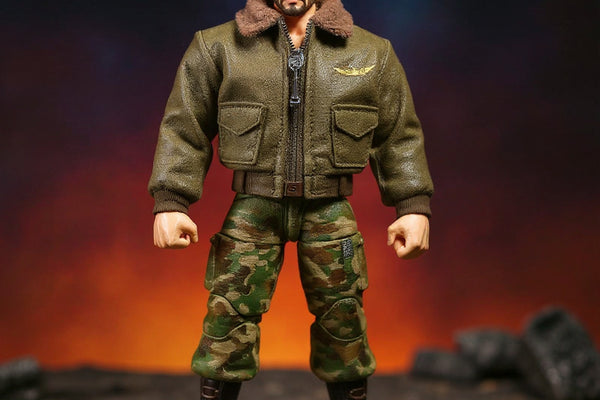 1/12 scale military uniform on action figure in battle-damaged diorama with bold gradient background.