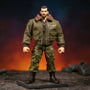1/12 scale military uniform on action figure in battle-damaged diorama with bold gradient background.