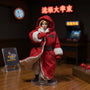 Small red fabric military-style jacket for action figure on miniature dojo backdrop with neon arcade sign and acrylic display stand.