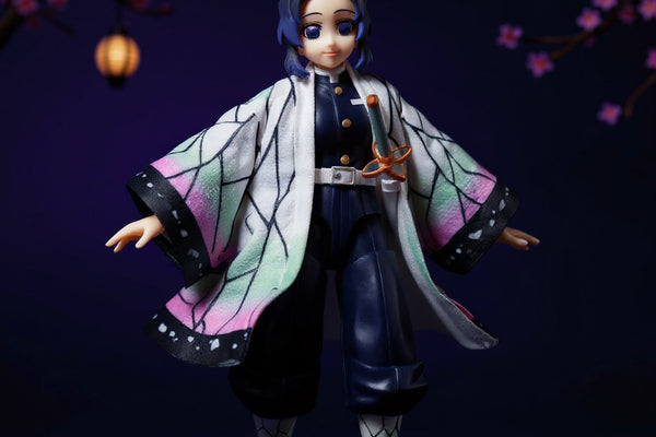 Purple-to-black gradient haori cloak with butterfly motif on a headless 1/12 scale figure, posed dynamically against cherry blossom and indigo gradient backdrop.