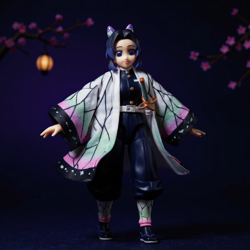 Purple-to-black gradient haori cloak with butterfly motif on a headless 1/12 scale figure, posed dynamically against cherry blossom and indigo gradient backdrop.
