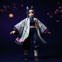 Purple-to-black gradient haori cloak with butterfly motif on a headless 1/12 scale figure, posed dynamically against cherry blossom and indigo gradient backdrop.