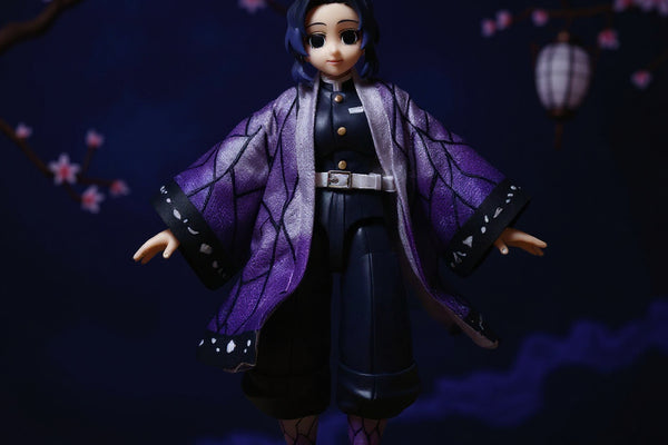 Flowing purple-to-black gradient haori cloak with subtle butterfly motif, lifted dynamically on a concealed 1/12 scale form, set against cherry blossoms and a miniature Japanese lantern with moody indigo lighting.