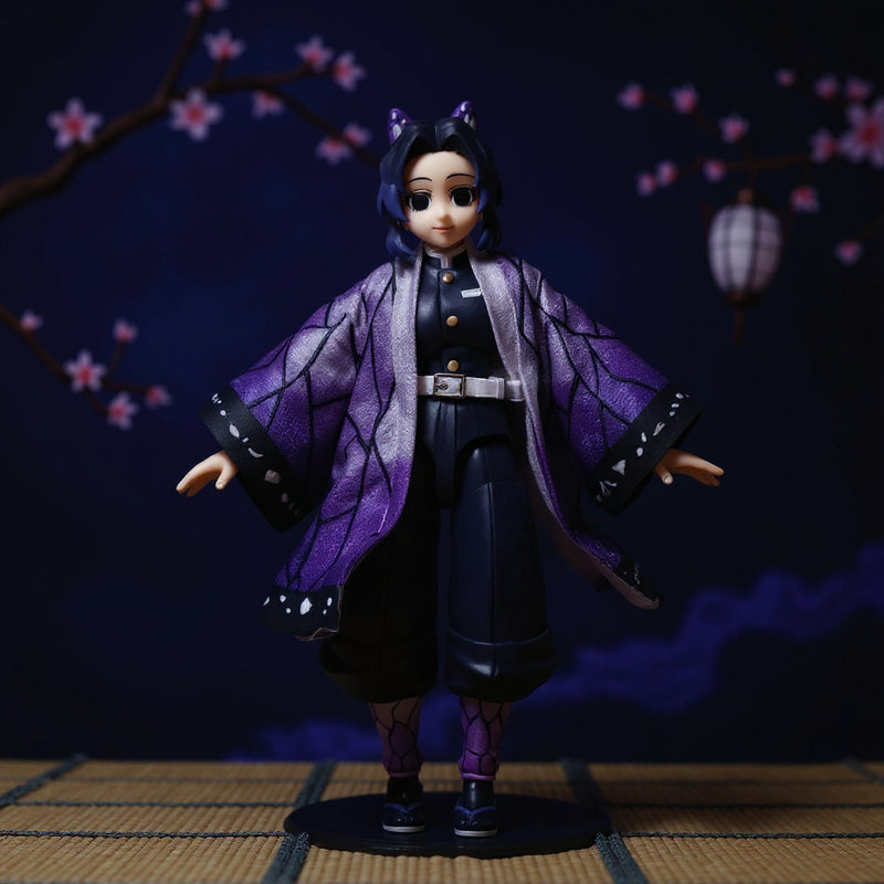 Flowing purple-to-black gradient haori cloak with subtle butterfly motif, lifted dynamically on a concealed 1/12 scale form, set against cherry blossoms and a miniature Japanese lantern with moody indigo lighting.
