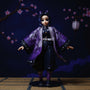 Flowing purple-to-black gradient haori cloak with subtle butterfly motif, lifted dynamically on a concealed 1/12 scale form, set against cherry blossoms and a miniature Japanese lantern with moody indigo lighting.