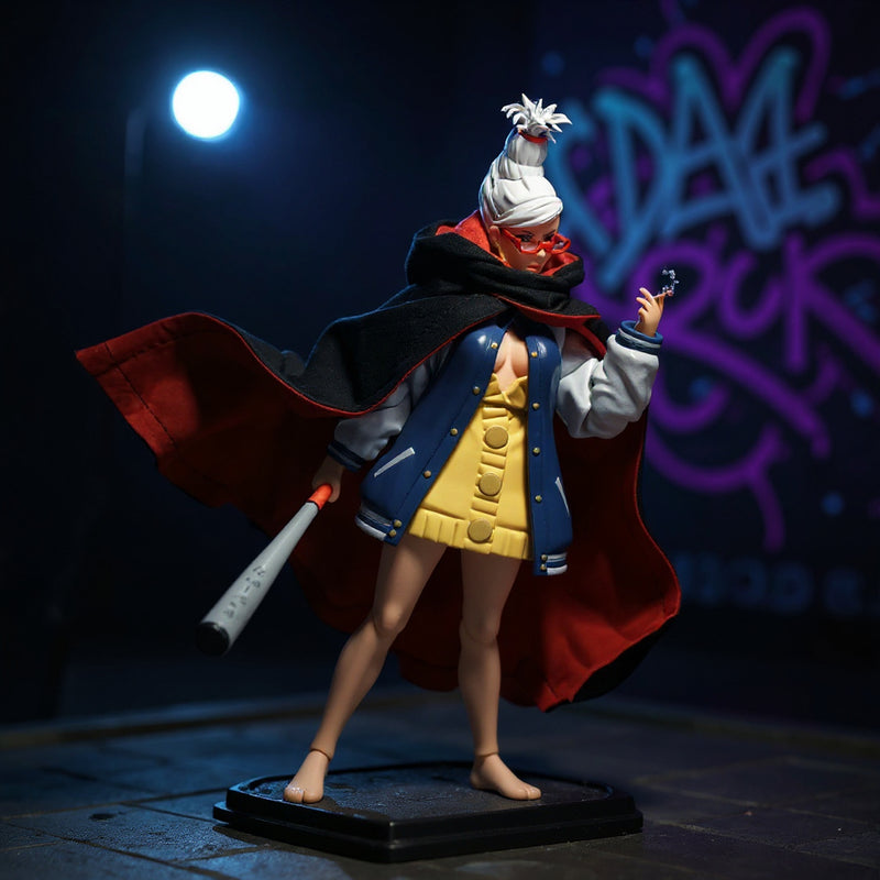 Dark cape on action figure posed on urban rooftop diorama with neon graffiti and streetlight, fan creating dynamic flow.