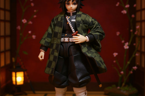 Dark green and black checkered haori cloak draped on wooden stand with bamboo, lantern, katana, and cherry blossoms against crimson gradient background