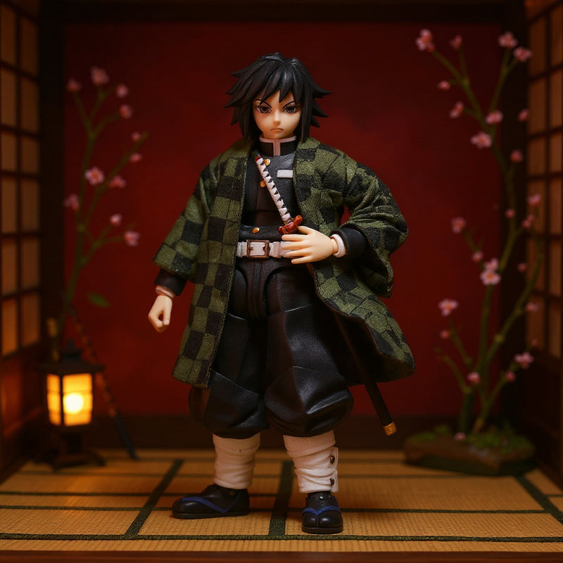 Dark green and black checkered haori cloak draped on wooden stand with bamboo, lantern, katana, and cherry blossoms against crimson gradient background