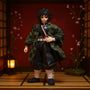 Dark green and black checkered haori cloak draped on wooden stand with bamboo, lantern, katana, and cherry blossoms against crimson gradient background