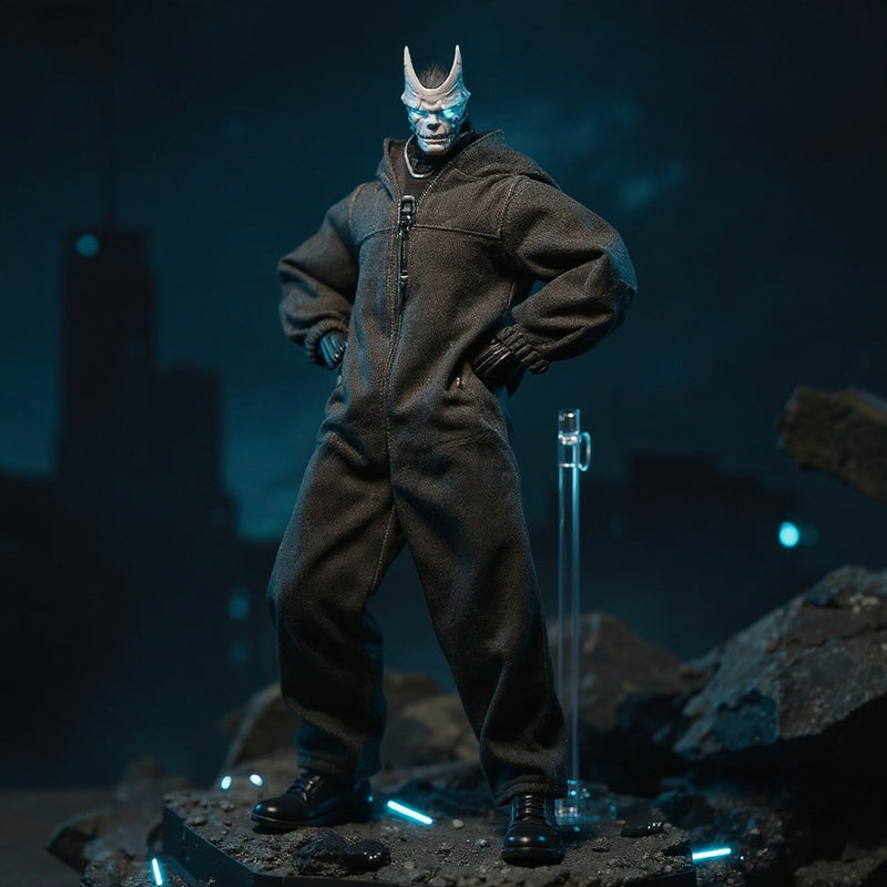 Dark tactical protective suit on a headless 1/12 scale action figure body, displayed on miniature urban rubble diorama with LED glow and rooftop backdrop.