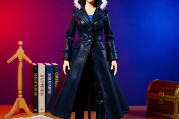 Dark navy-black long coat with fur-like collar and flared wire-structured silhouette draped on a faceless mannequin stand, surrounded by sewing tools, manga volumes, and pirate props against a vivid magenta-blue gradient background.