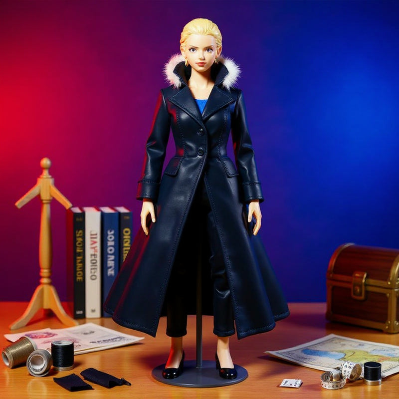 Dark navy-black long coat with fur-like collar and flared wire-structured silhouette draped on a faceless mannequin stand, surrounded by sewing tools, manga volumes, and pirate props against a vivid magenta-blue gradient background.